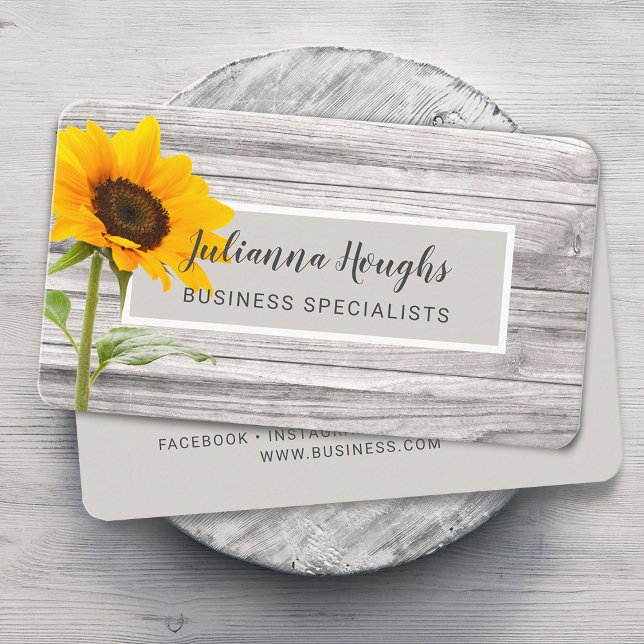Carte De Visite Impression sur bois rustique Tournesol (Rustic Faux Wood Texture Sunflower Business Card)