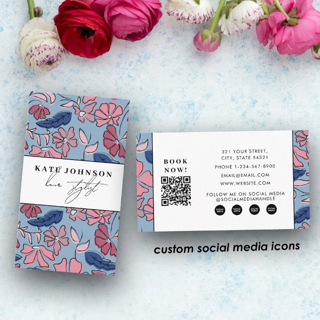 Carte De Visite Imprimé Floral Salon Coiffeur Maquillage (Block Print Floral Salon Hair Stylist Makeup Business Card)