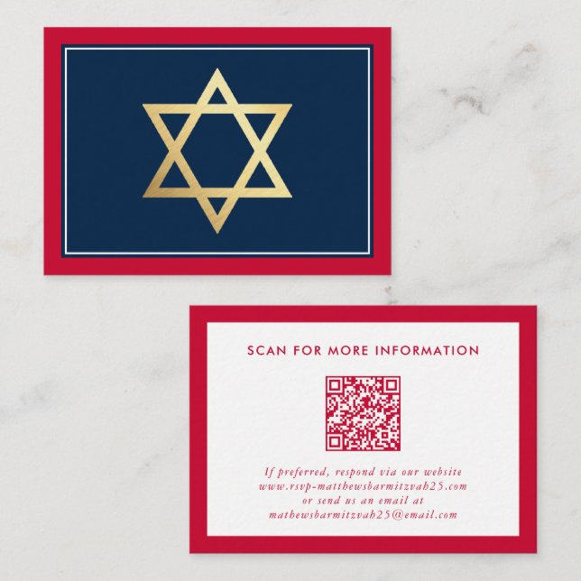 Carte De Visite INCLURE le logo de Bar Mitzvah code QR rouge marin (Devant / Derrière)
