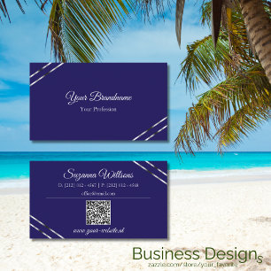 Carte De Visite Indigo Bleu avec Lignes Argentées et Code QR Éléga