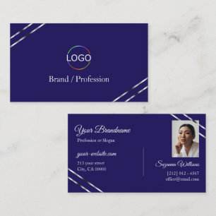 Carte De Visite Indigo Bleu avec Logo et Photo Lignes Argentées