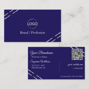 Carte De Visite Indigo Bleu avec Logo Lignes Argent et Code QR