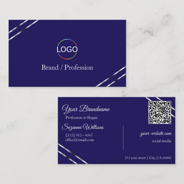 Carte De Visite Indigo Bleu avec Logo Lignes Argent et Code QR (Devant / Derrière)