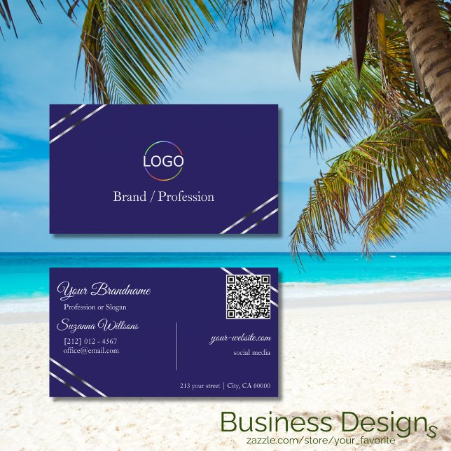 Carte De Visite Indigo Bleu avec Logo Lignes Argent et Code QR (Créateur téléchargé)