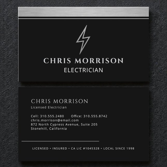 Carte De Visite Industrial Electrician Metallic Silver Black (Créateur téléchargé)