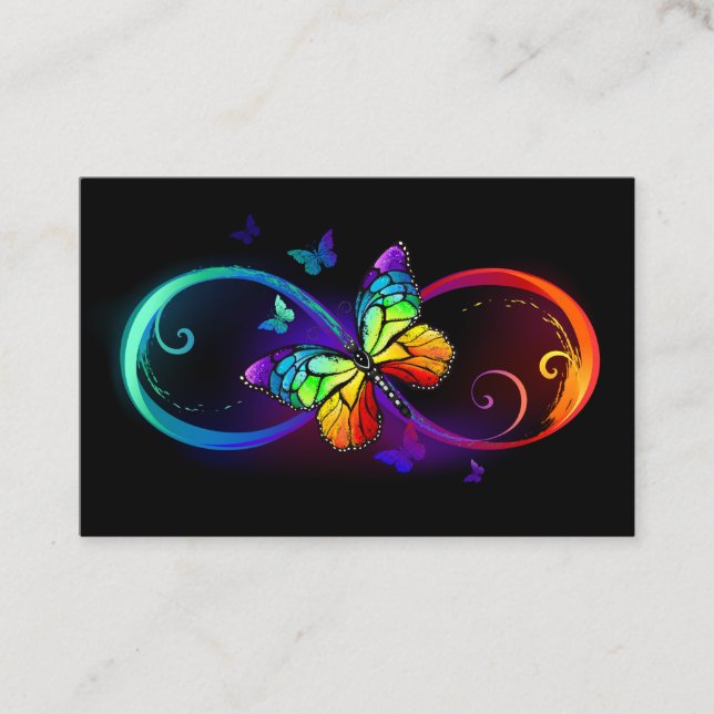 Carte De Visite Infini vibrant avec papillon arc-en-ciel sur noir (Devant)
