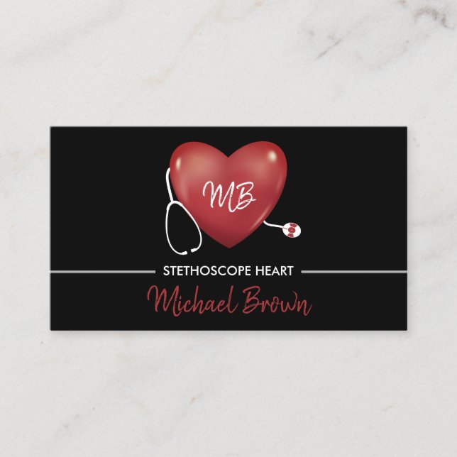 Carte De Visite Infirmière à coeur noir Logo Stéthoscope (Devant)
