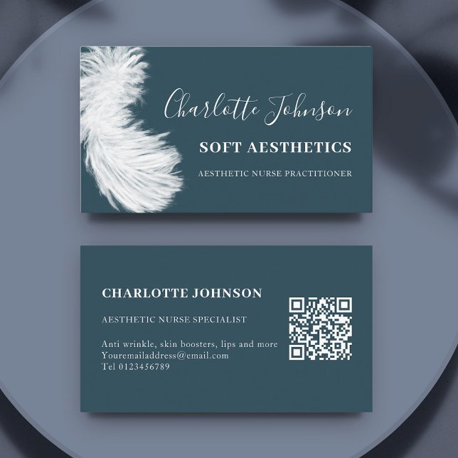 Carte De Visite Infirmière de soins de la peau Moderne Blue Feathe (Aesthetic nurse specialist navy website QR code blue professional business card)