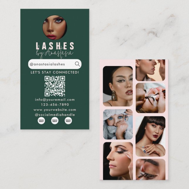 Carte De Visite Influencer Beauty Salon Lashes Photos Green Pink  (Devant / Derrière)