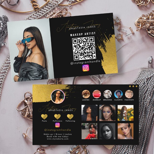 Carte De Visite Influencer Black & Gold Social Media QR Code (Influencer Black & Gold Social Media QR Code Business Card)