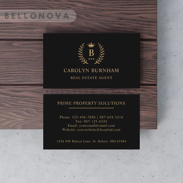 Carte De Visite Initiale personnalisée et nom en monogramme noir e (Custom Initial & Name Black And Gold Monogrammed Business Card)