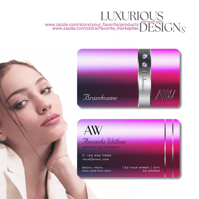 Carte De Visite Initiales De Décor En Argent De Luxe Rose Violet (Créateur téléchargé)