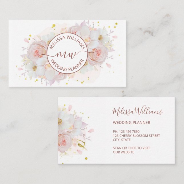 Carte De Visite Initiales de logo Fleurs de Teint Blanc (Devant / Derrière)