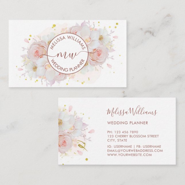 Carte De Visite Initiales de logo Fleurs de Teint Blanc (Devant / Derrière)