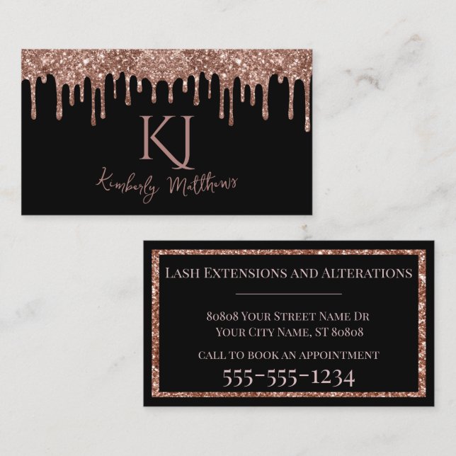 Carte De Visite Initiales de monogramme à paillettes de rose gold  (Devant / Derrière)