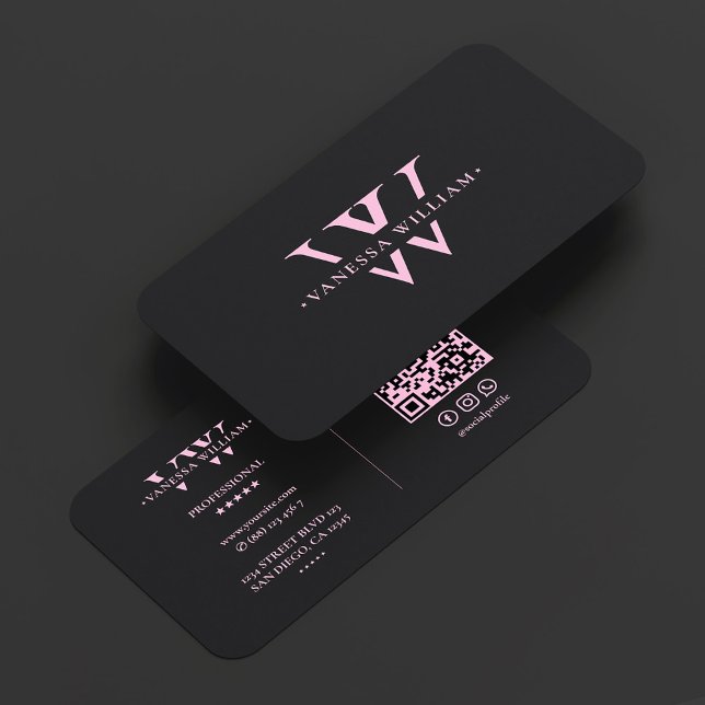 Carte De Visite Initiales de monogramme esthétique V W Rose Noir (Aesthetic Monogram Initials V W Pink Black Business Card
)