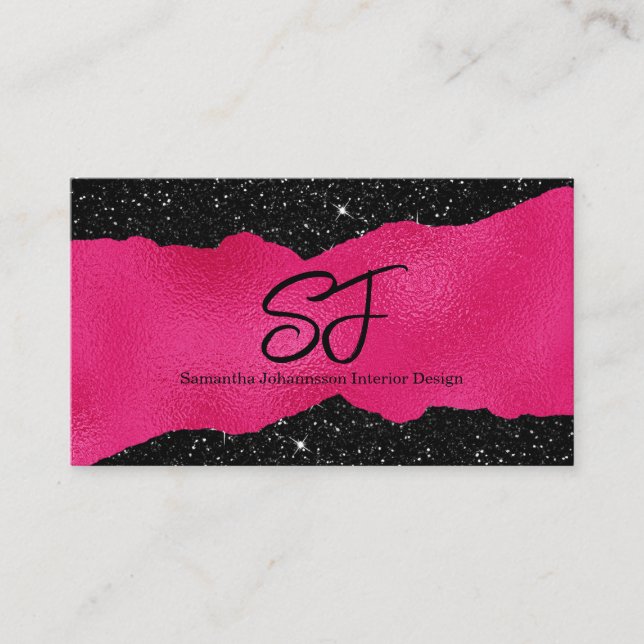 Carte De Visite Initiales de monogramme sur noir luxueux et rose c (Devant)
