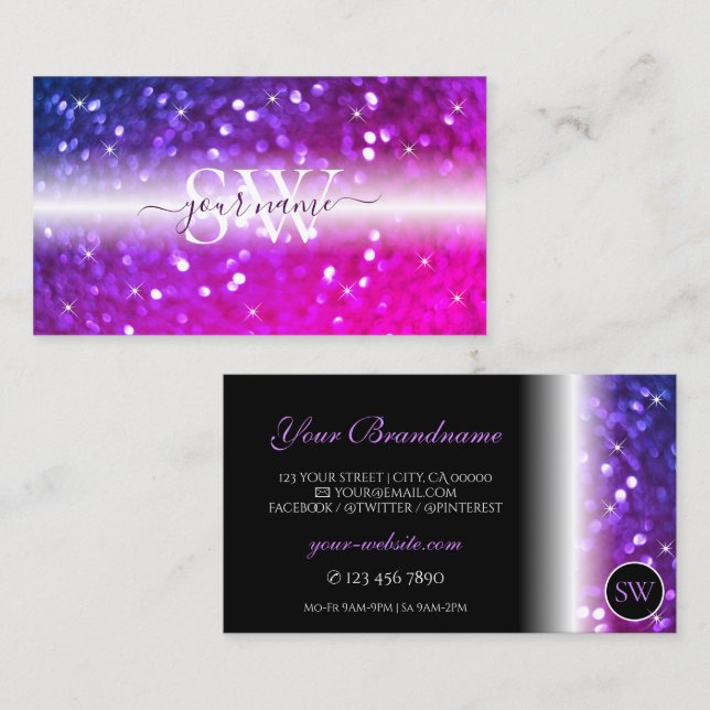 Carte De Visite Initiales de Parties scintillant violet rose noir  (Devant / Derrière)