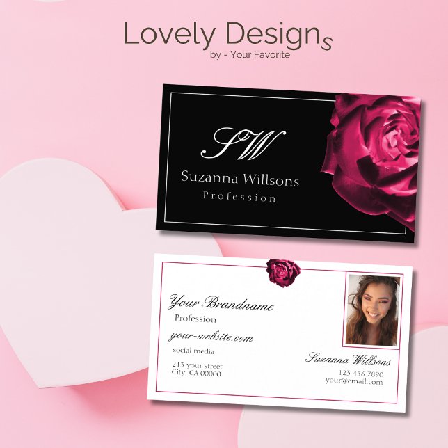 Carte De Visite Initiales de rose rouge noir et blanc classique Ph (Créateur téléchargé)