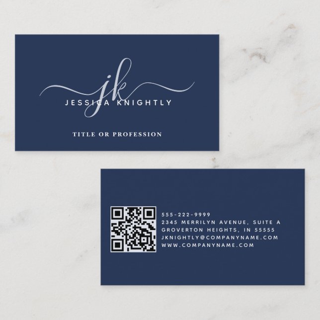 Carte De Visite Initiales de script de monogramme bleu élégant QR  (Devant / Derrière)