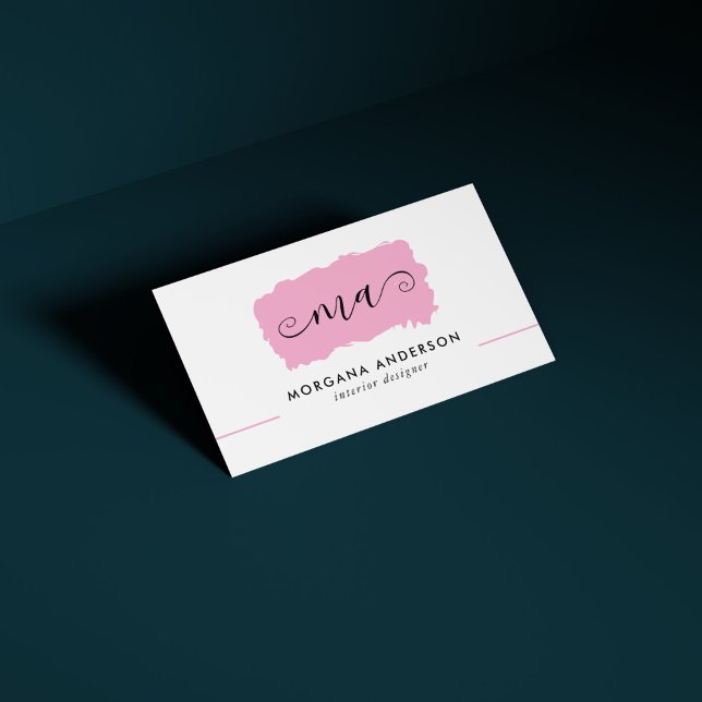 Carte De Visite Initiales de script minimaux rose brosse (Minimal Script Initials Pink Brushstroke Business Card)