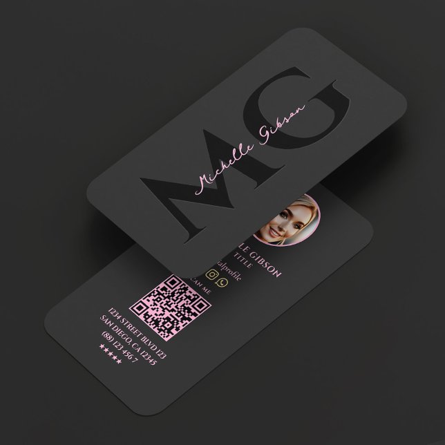 Carte De Visite Initiales Esthétique Professionnelle Rose Noir Pho (Initials Professional Aesthetic Pink Black Photo Business Card
)