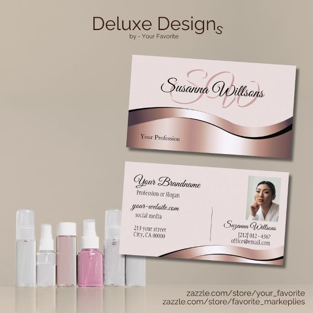 Carte De Visite Initiales et photo luxueuses de décoration Rose Wa (Créateur téléchargé)