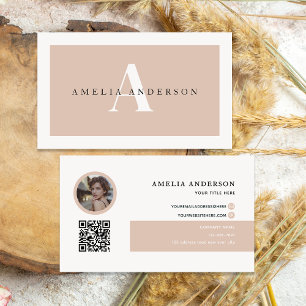 Carte De Visite Initiales modernes Nom Beige Round Photo QR Code