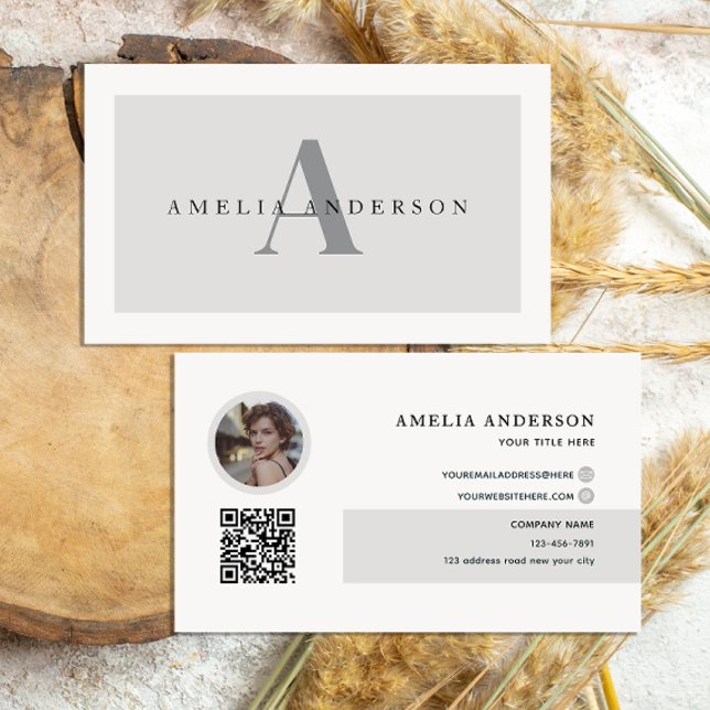 Carte De Visite Initiales modernes Nom Gris Rond Photo Code QR (Créateur téléchargé)