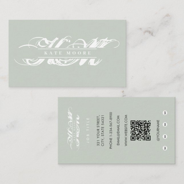 Carte De Visite Initiales Monogramme Chic Vert Sauge Professionnel (Devant / Derrière)