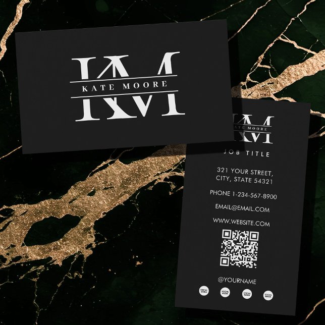 Carte De Visite Initiales Monogramme Moderne Noir Blanc Profession (Modern Monogram Initials Professional Black White Business Card)