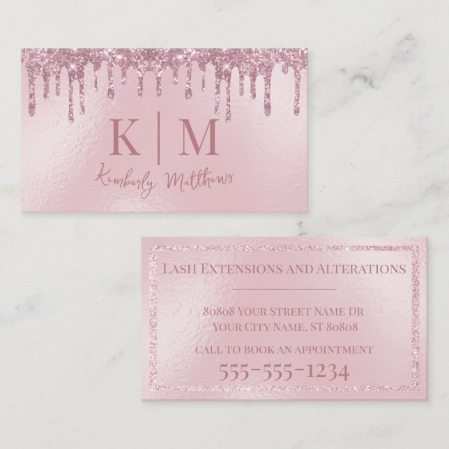 Carte De Visite Initiales Monogramme Pailletées Rose Foncé Élégant (Devant / Derrière)