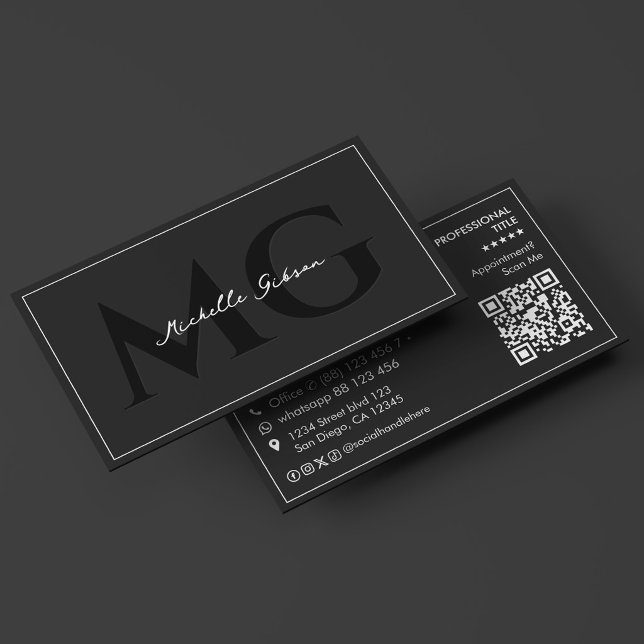 Carte De Visite Initiales Professionnelles Minimales Noir Réseau  (Minimal Professional Initials Black Networking Business Card
)