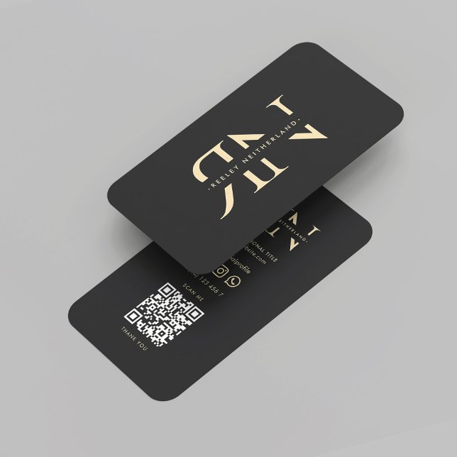 Carte De Visite Initiales Professionnelles Monogram Modernes Gris  (Modern Monogram Elegant Professional Reversed Initials Black Gold QR Code Business Card
)
