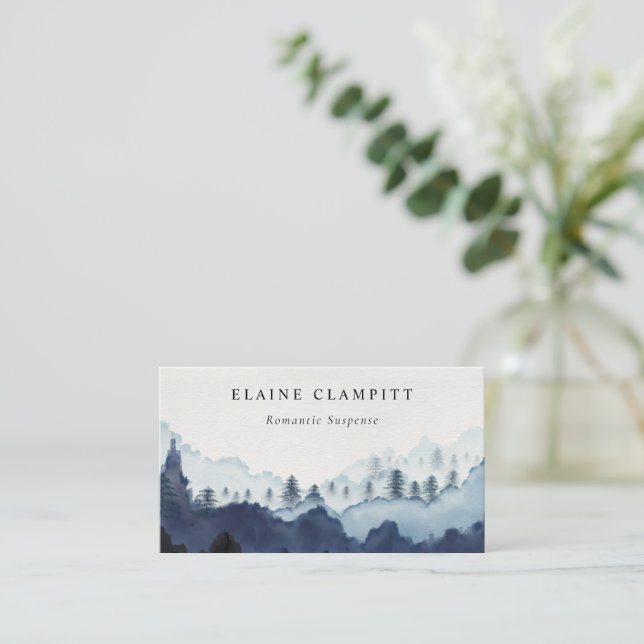 Carte De Visite Ink Blue Navy Pine Woods Mountain Mariage Website (Debout devant)