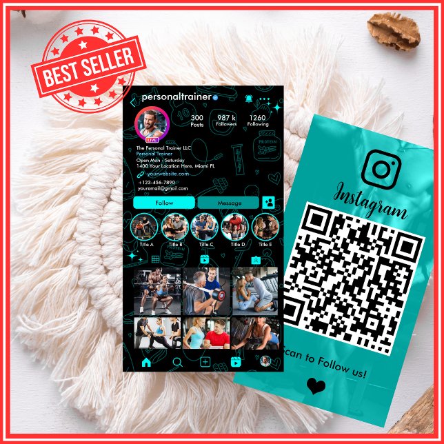 Carte De Visite Instagram Blue & Black Personal Fitainer (Créateur téléchargé)
