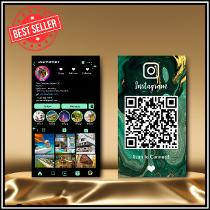 Carte De Visite Instagram LUXURY Agate en marbre noir et vert QR