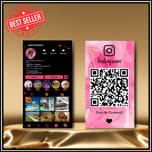 Carte De Visite Instagram LUXURY Agate en marbre rose et noir QR