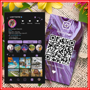 Carte De Visite Instagram LUXURY Violet & Marbre Noir Agate QR