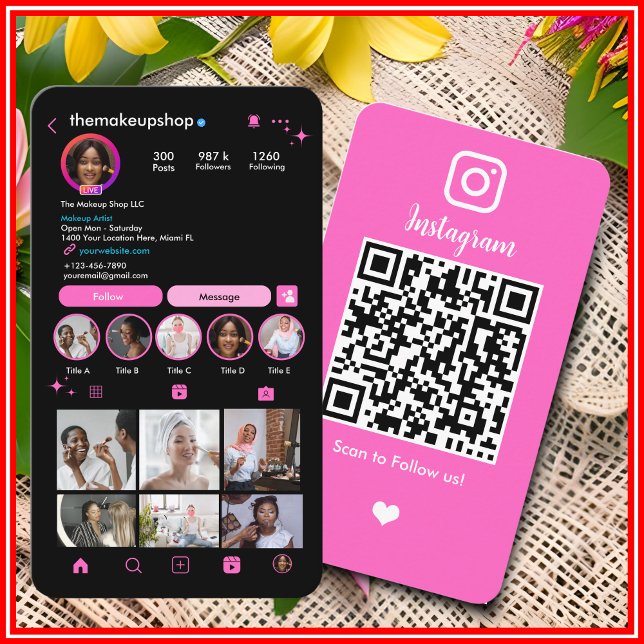 Carte De Visite Instagram maquillage artiste Influenceur rose QR C (Créateur téléchargé)