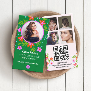 Carte De Visite Instagram Social Media Photo Grid, QR Code, Floral
