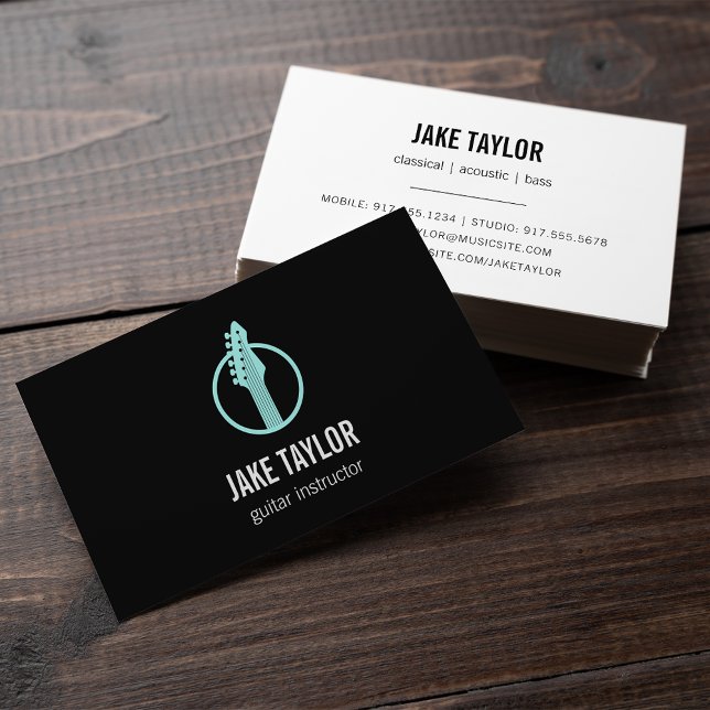 Carte De Visite Instructeur de guitare cool Black & Aqua (Créateur téléchargé)