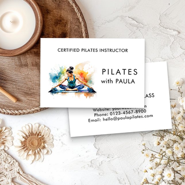Carte de visite instructeur de pilotes d'aquarelle (Certified Pilates Instructor Business Card by Busy Business Bee)