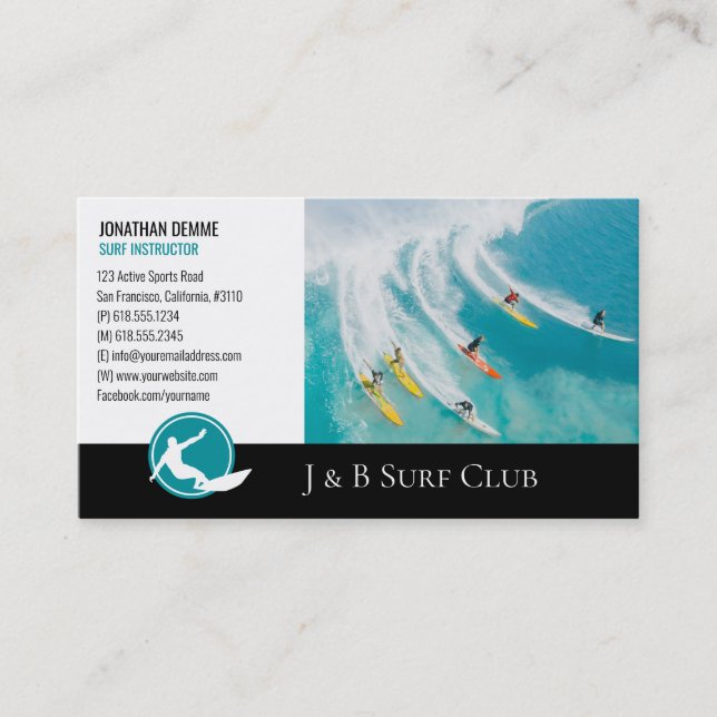Carte De Visite Instructeur de surf | Surfboard Active Recreation (Devant)