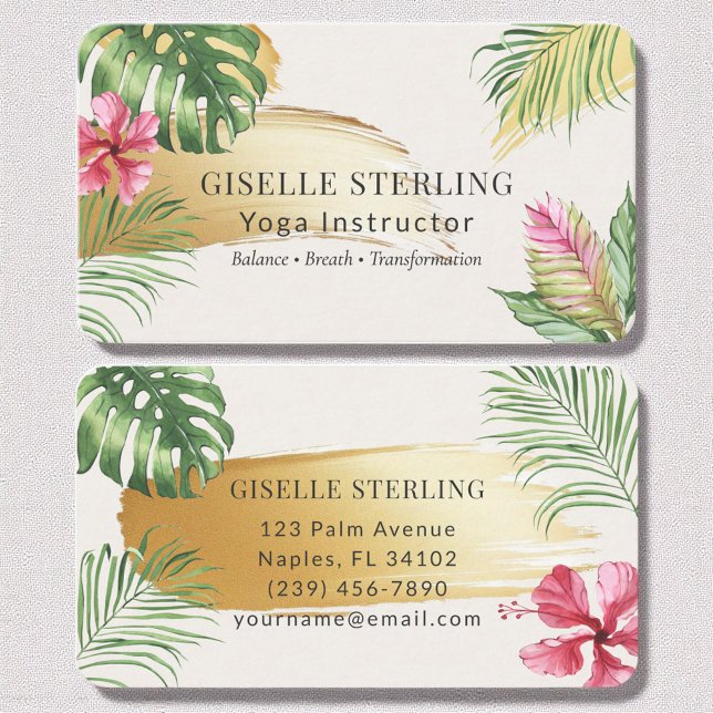 Carte De Visite Instructeur de yoga Aquarelle Tropicale Or Brossé (Créateur téléchargé)