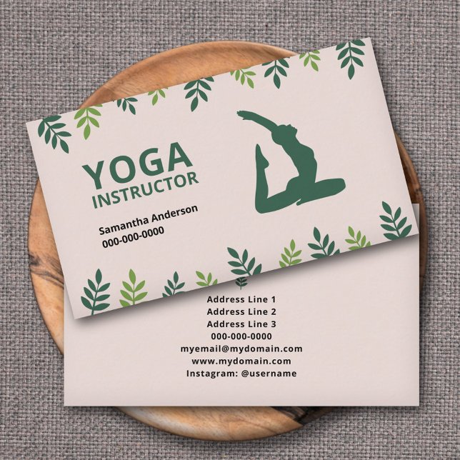 Carte De Visite Instructeur de yoga avec Feuille vert (Yoga Instructor with Green Leaves Business Card)