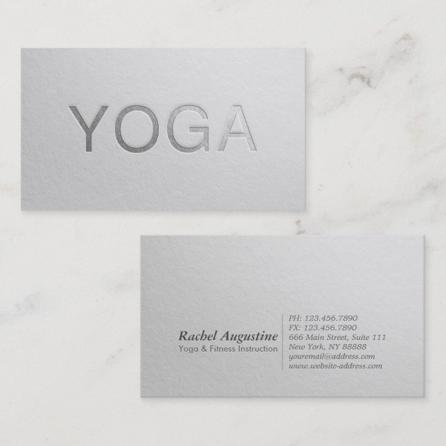 Carte De Visite Instructeur de Yoga en argent blanc minimum (Devant / Derrière)