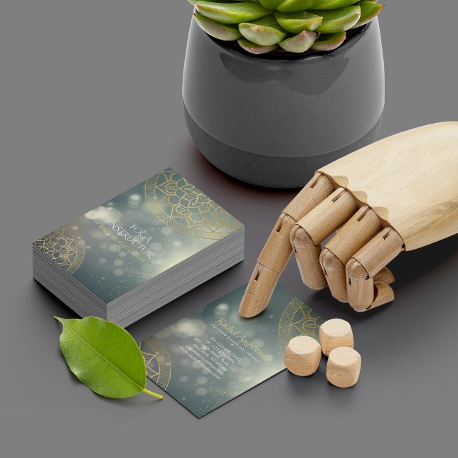 Carte De Visite Instructeur de Yoga Gold Mandala Green Bokeh Lumiè (Créateur téléchargé)