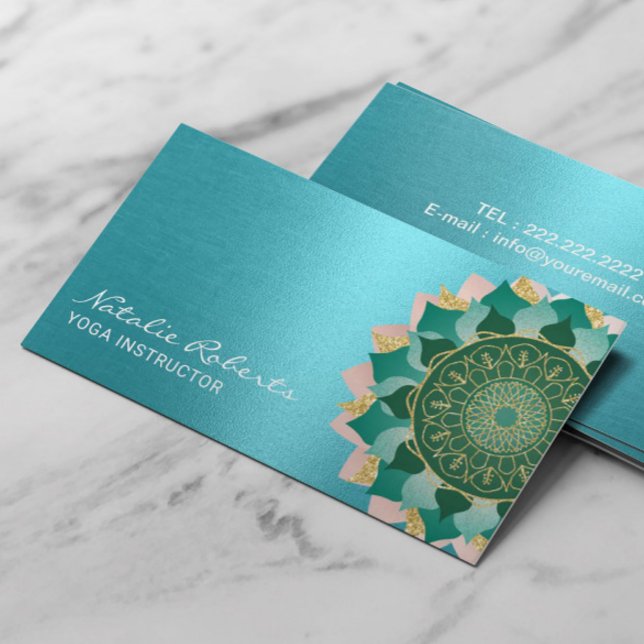 Carte De Visite Instructeur de Yoga Turquoise Gold Mandala Flower (Créateur téléchargé)