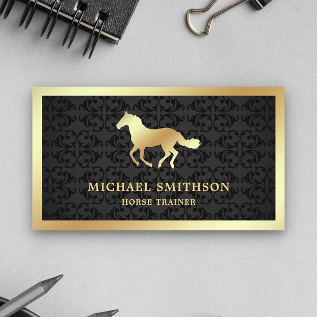 Carte De Visite Instructeur d'équitation Black Damask Gold Foil (Créateur téléchargé)
